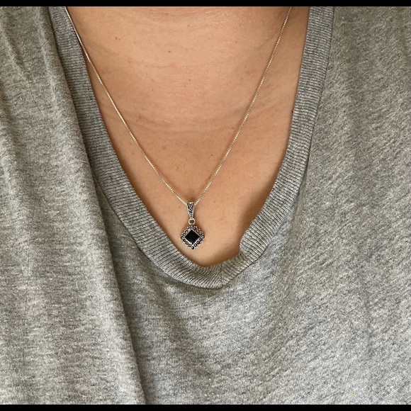 Sterling Silver Black Onyx Square Marcasite Necklace -Genuine Onyx - Picture 6 of 6
